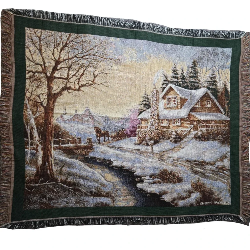 Vtg Carl Valente Woven Tapestry Throw Blanket Winter‎ Scene Horse Drawn Sleigh